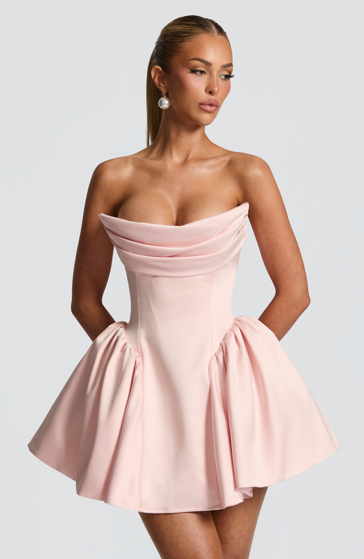 Satin Strapless Draped Neckline Corset Bow Back Peplum Mini Dress 7