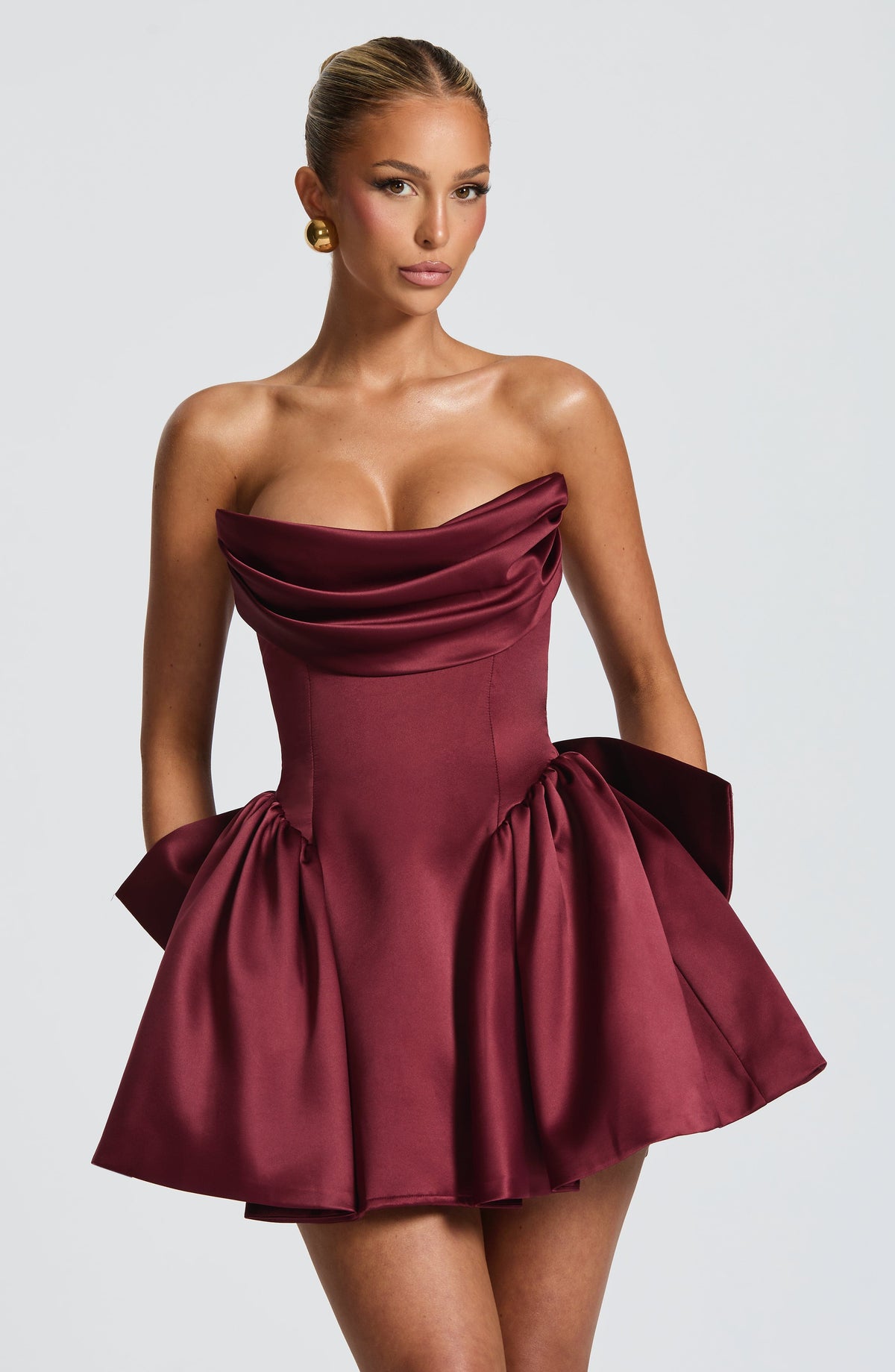 Satin Strapless Draped Neckline Oversized Bow Back Peplum Mini Dress 7