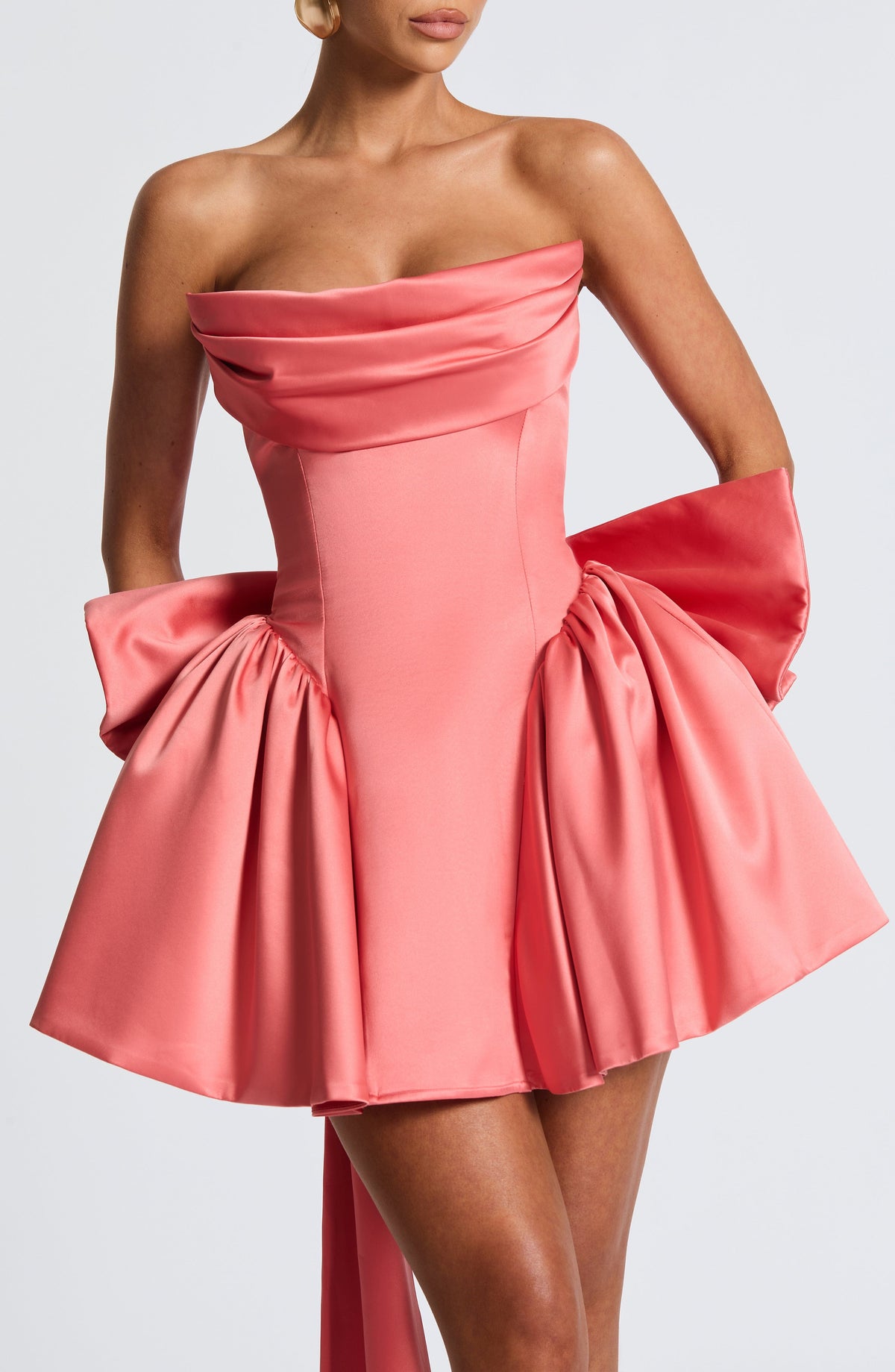 Satin Strapless Cowl Neck Peplum Hip Bow Back Mini Dress 8