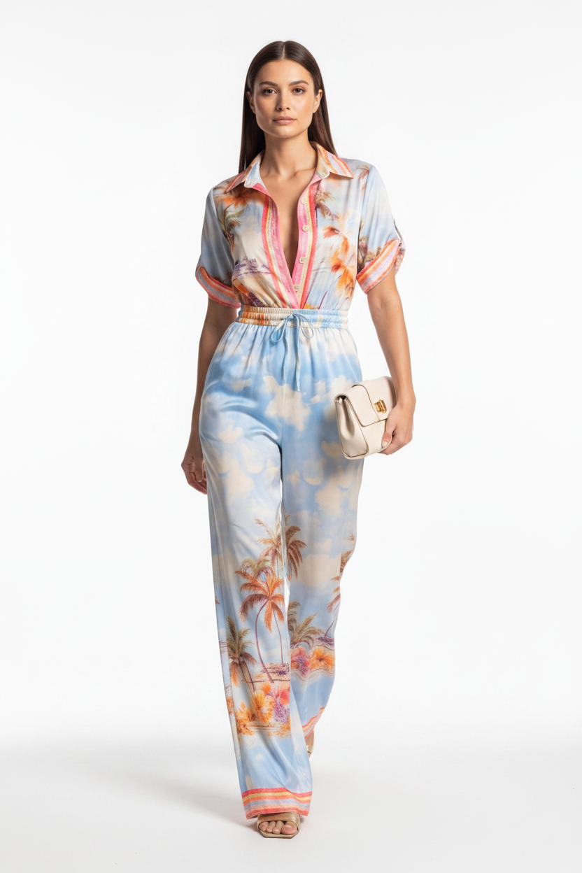 Elegant Tropical Print Jumpsuit with Flattering Fit and Pockets