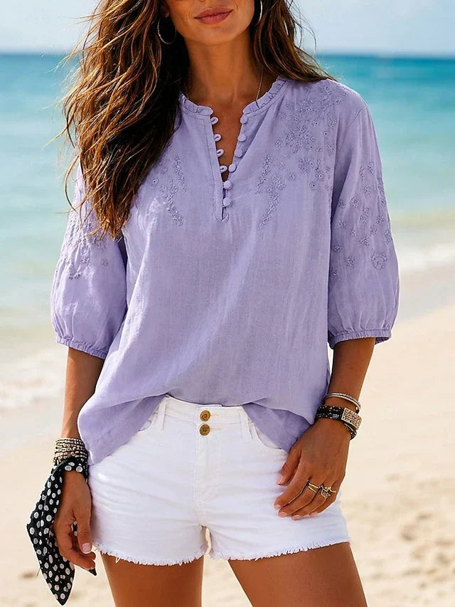 Notch V-Neck Embroidered Half Sleeve Blouse