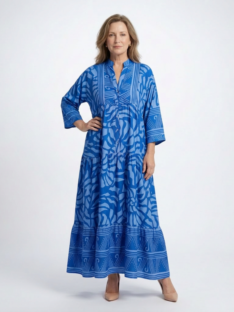 Abstract Print Band Collar Button Front Tiered Maxi Dress