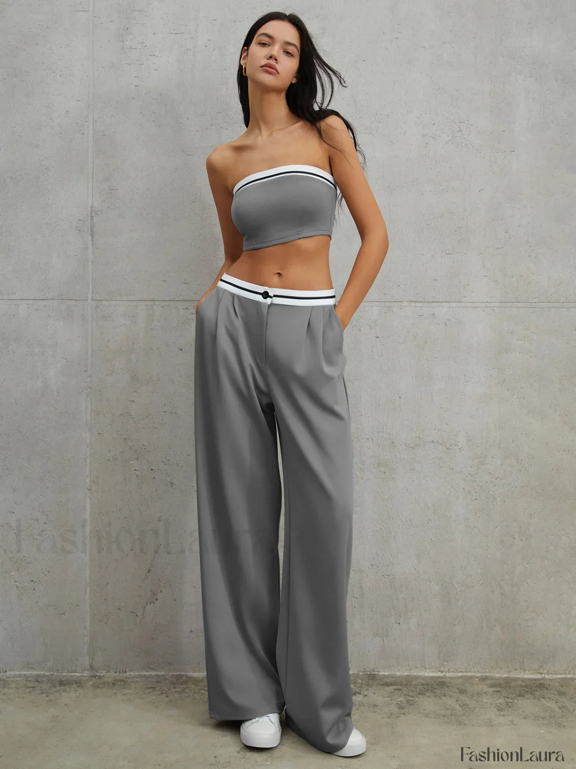 Tube Top Two Piece Contrast Waistband Pants Set