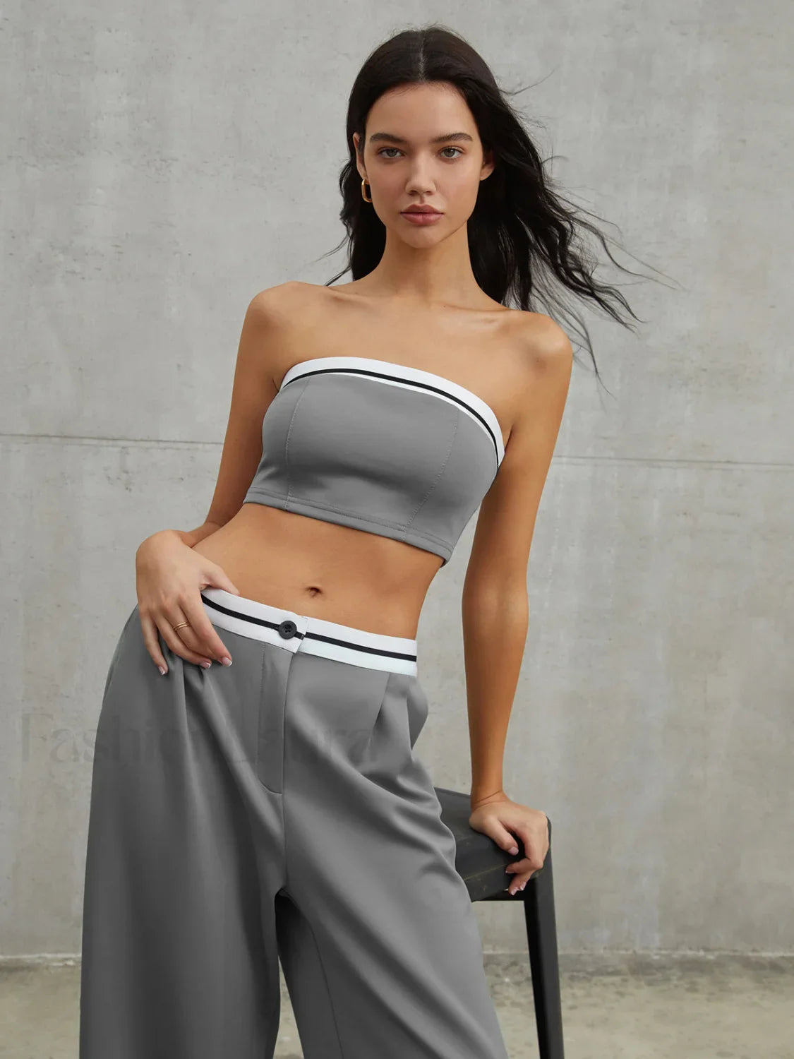 Tube Top Two Piece Contrast Waistband Pants Set