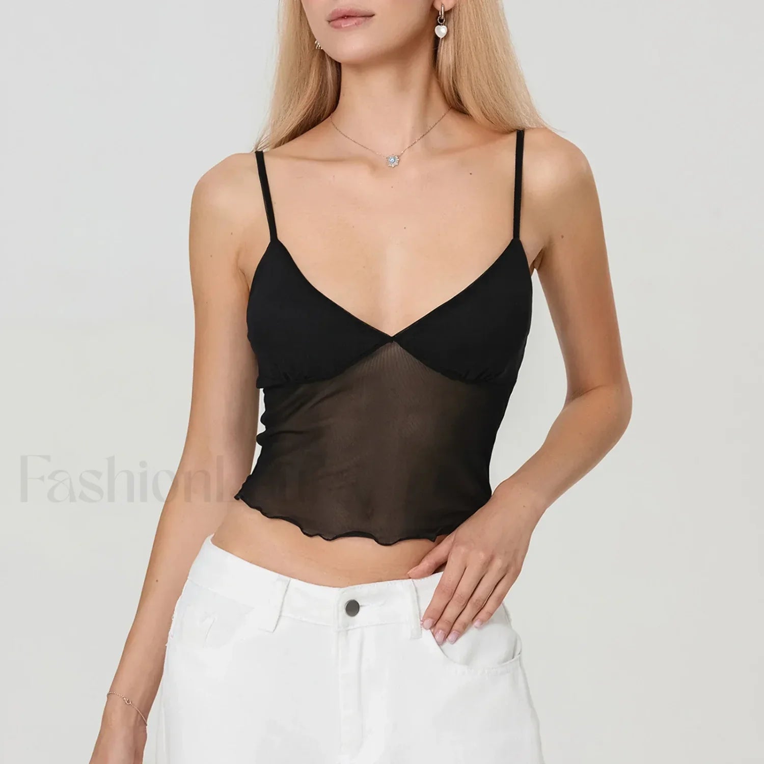 Tulle Spaghetti Strap Crop Top Black / S