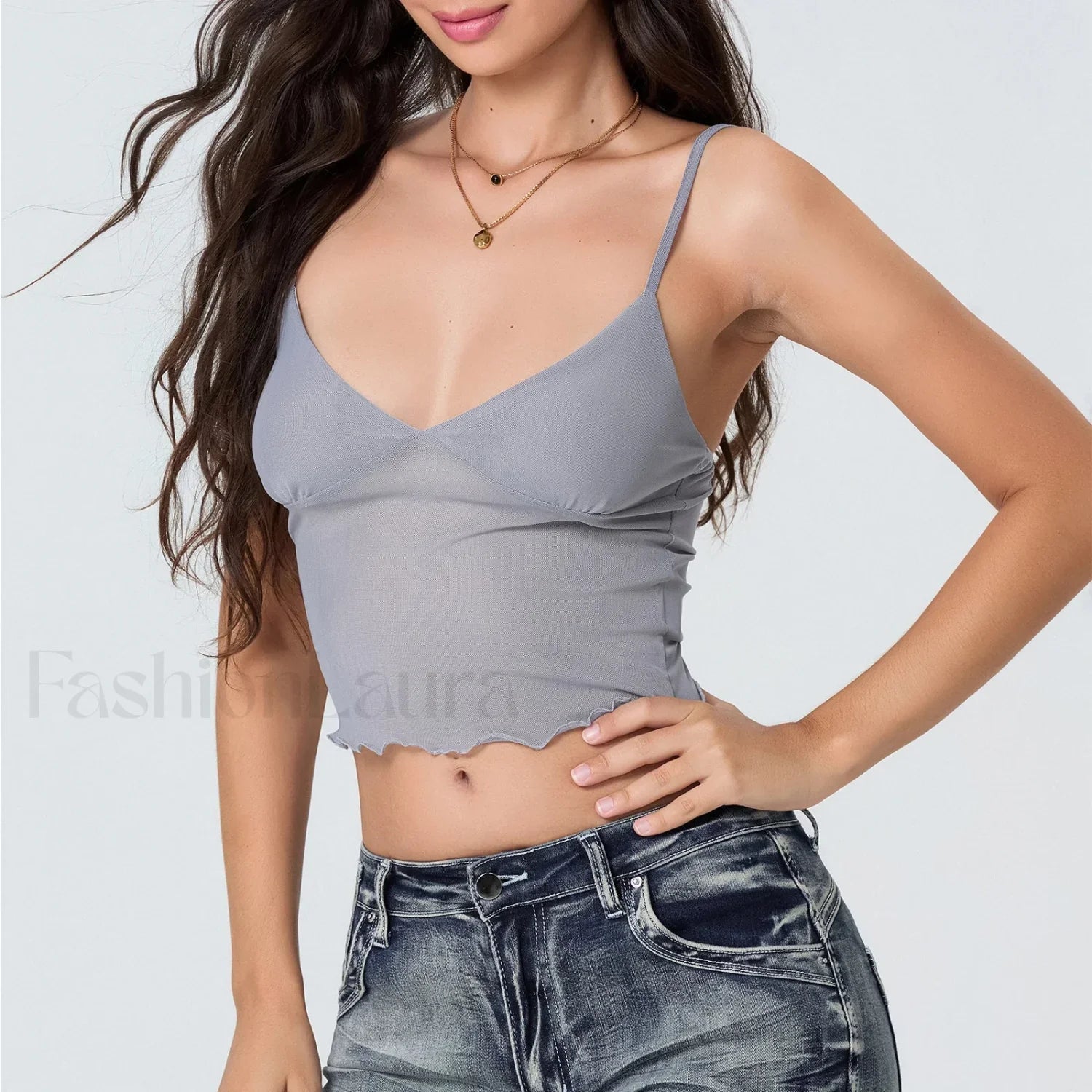Tulle Spaghetti Strap Crop Top GRAY / S