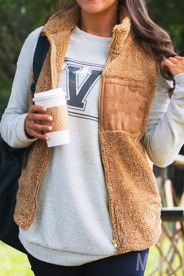 Turn-down Collar Fluffy Zipper Waistcoat