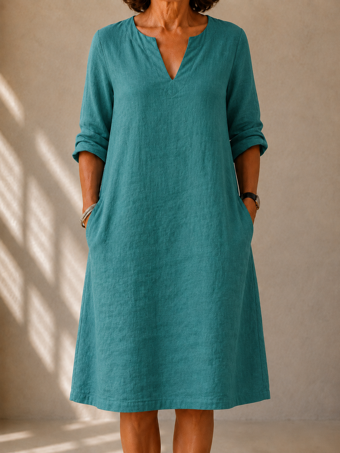 Notch Neck Long Sleeve Linen Look Midi Dress with Pockets
