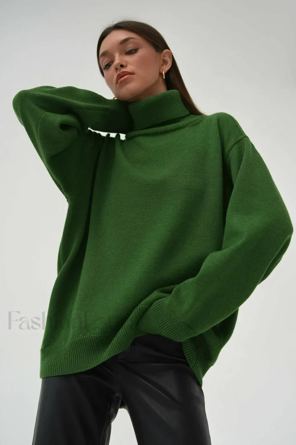 Turtleneck Loose Knit Pullover Sweater Dark Green / S