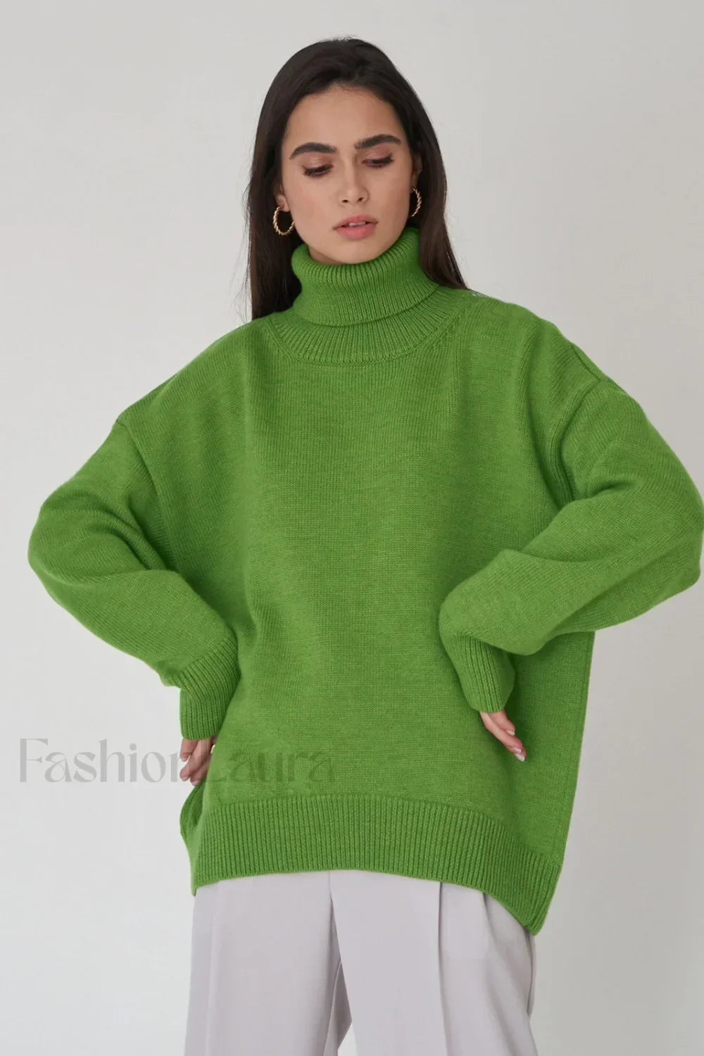 Turtleneck Loose Knit Pullover Sweater Light Green / S