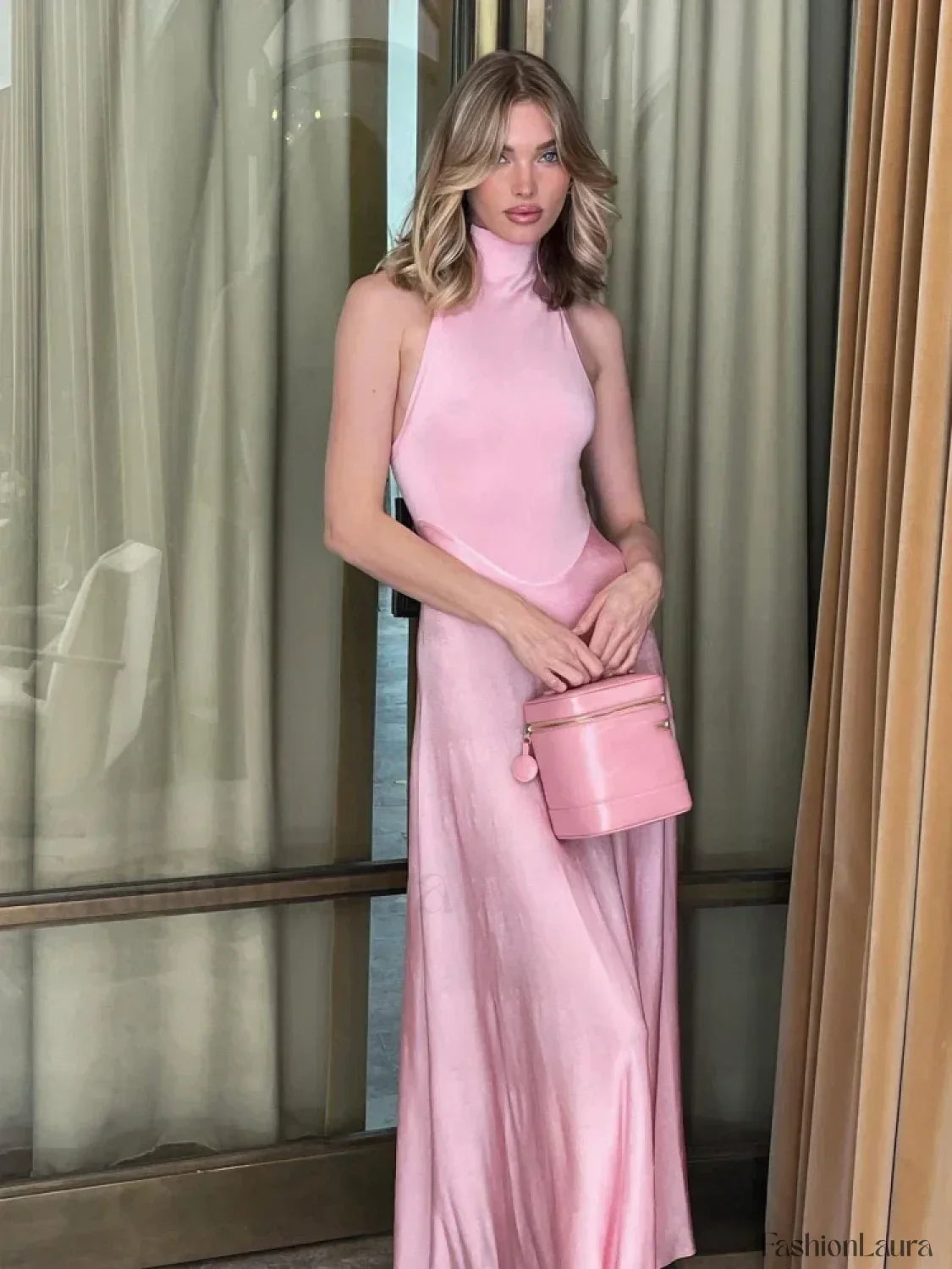 Turtleneck Patchwork Pink Maxi Dress