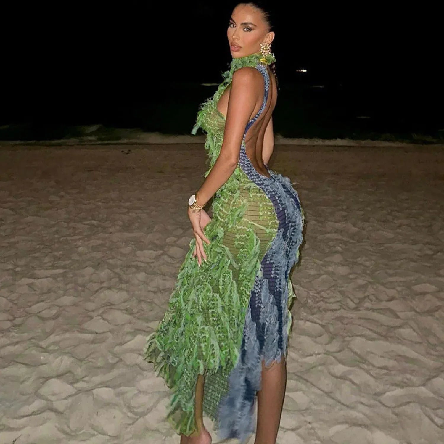 Turtleneck Sleeveless Fringed High Waist Slim Maxi Dress