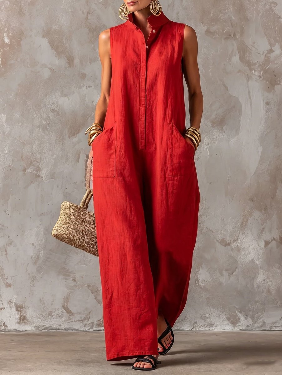 Stand Collar Sleeveless Wide Leg Linen Look Jumpsuit