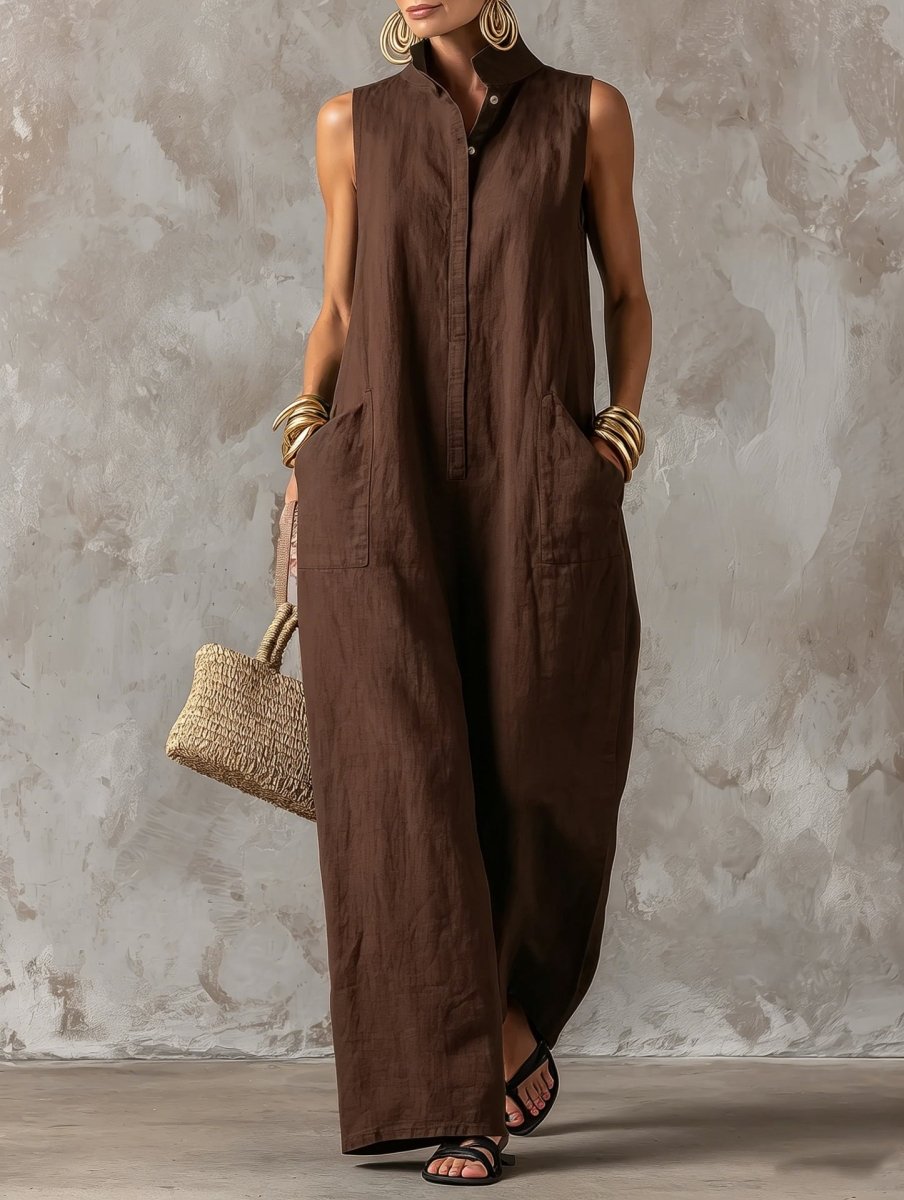 Stand Collar Sleeveless Wide Leg Linen Look Jumpsuit