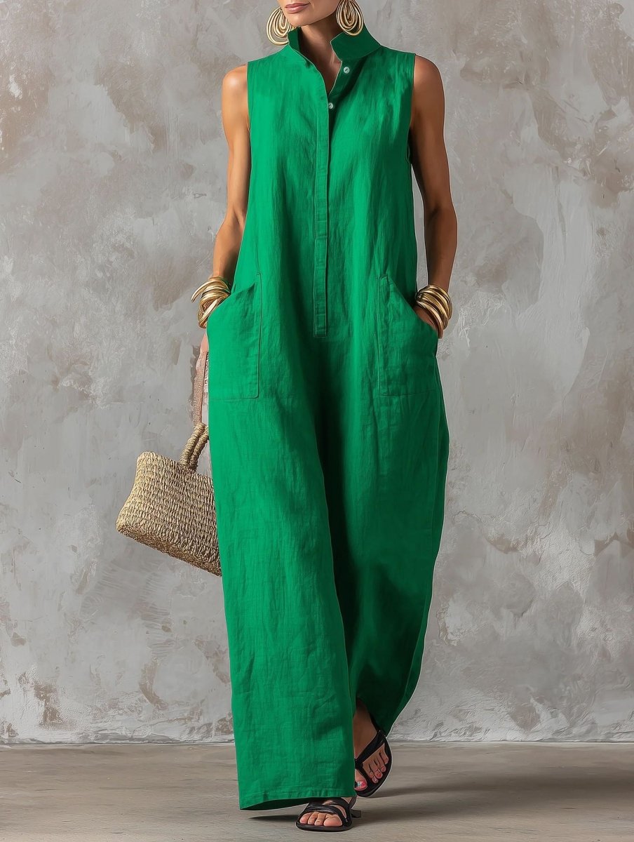 Stand Collar Sleeveless Wide Leg Linen Look Jumpsuit