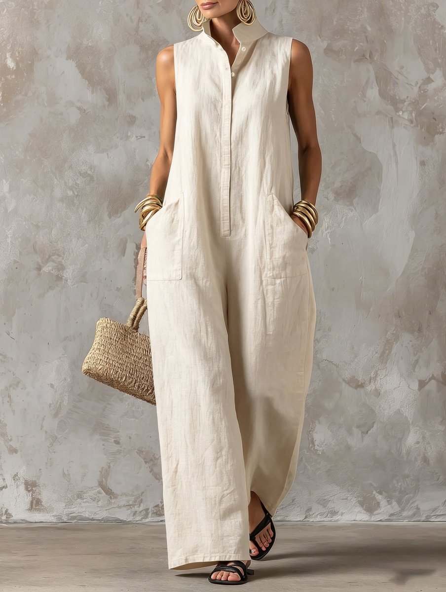 Stand Collar Sleeveless Wide Leg Linen Look Jumpsuit