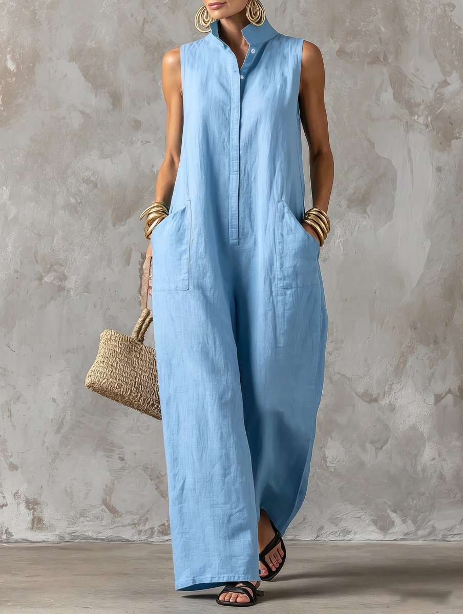Stand Collar Sleeveless Wide Leg Linen Look Jumpsuit