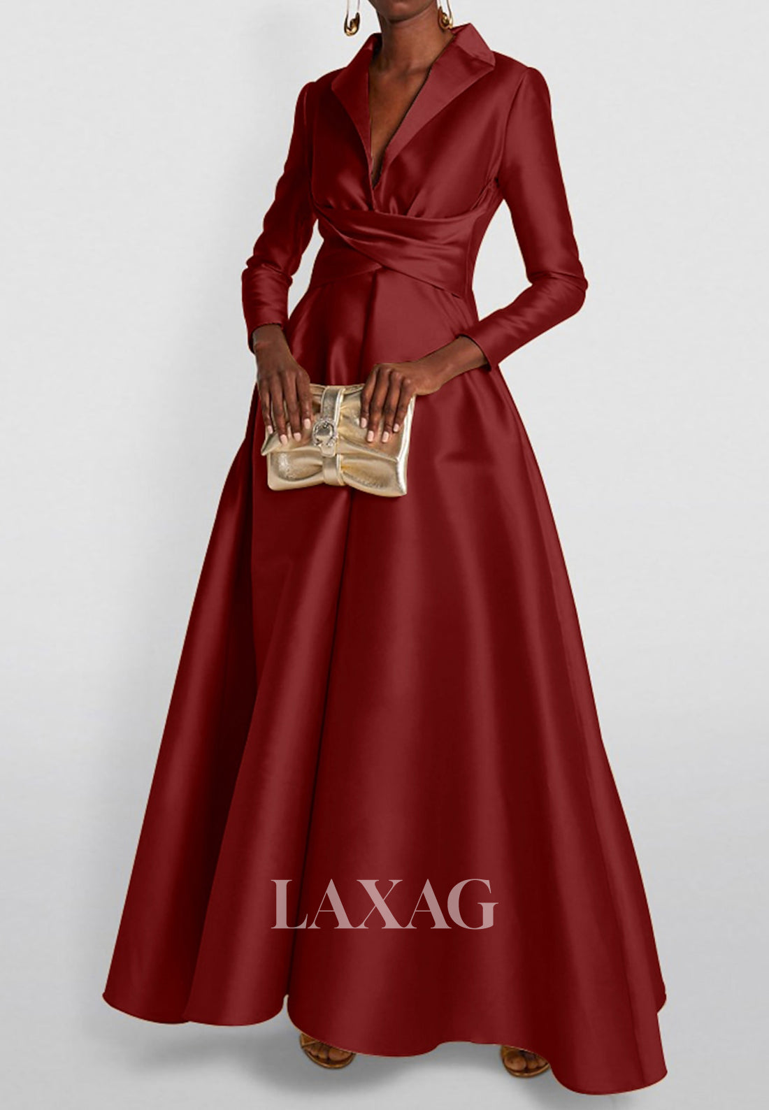 Deep V-Neck Long Sleeves Pleated Evening Gowns Simple Floor-Length Satin A-Line Formal Wedding Guest Dress