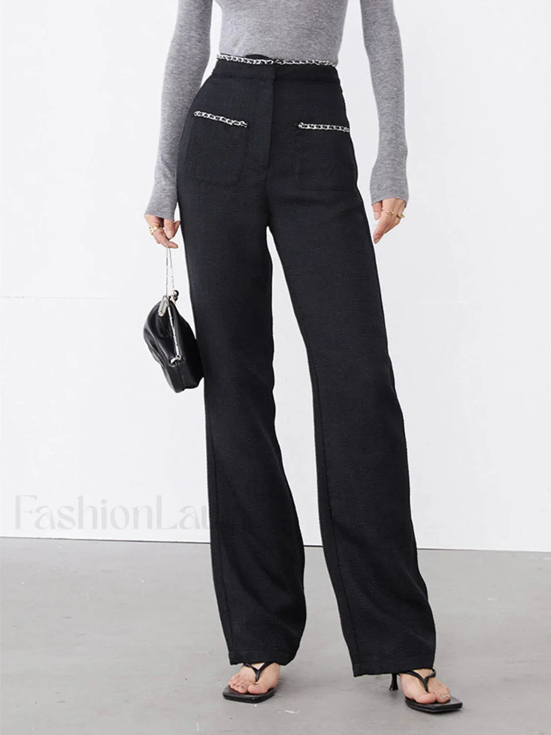 Tweed Contrast Trim Trendy Pocket Straight Leg Pants