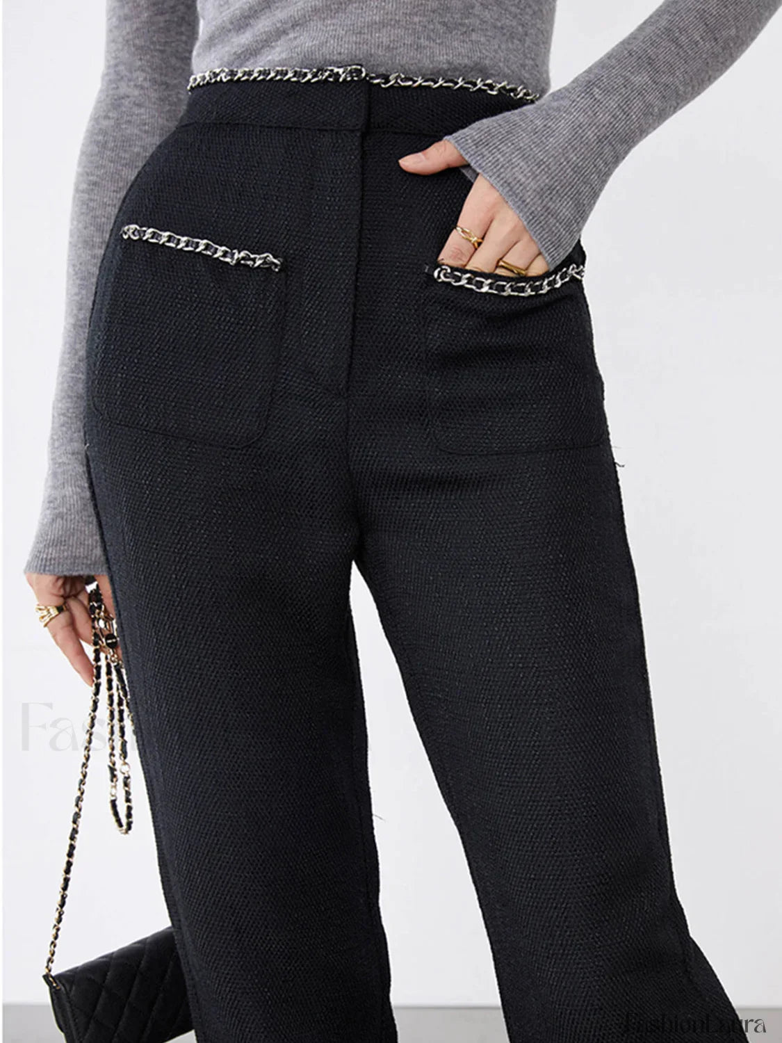 Tweed Contrast Trim Trendy Pocket Straight Leg Pants