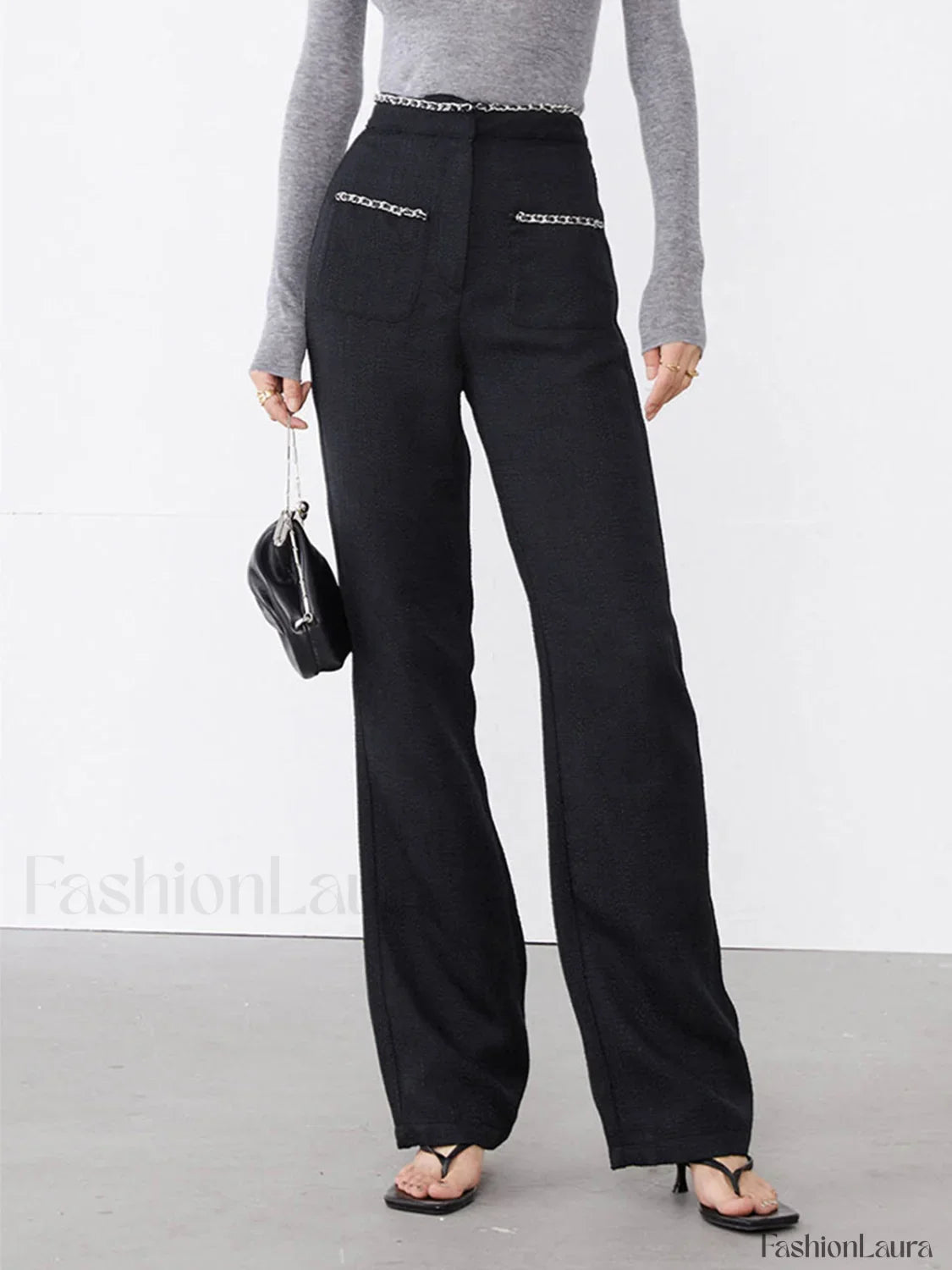 Tweed Contrast Trim Trendy Pocket Straight Leg Pants