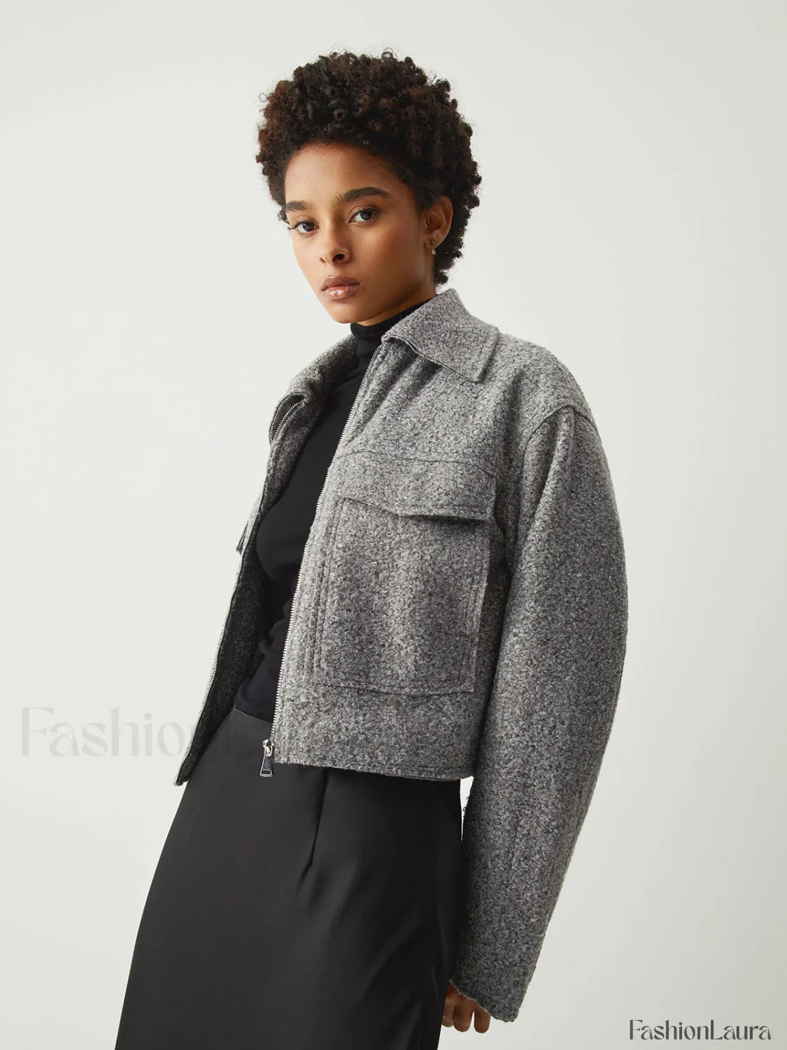 Tweed Open Collar Trendy Zip Up Crop Jacket