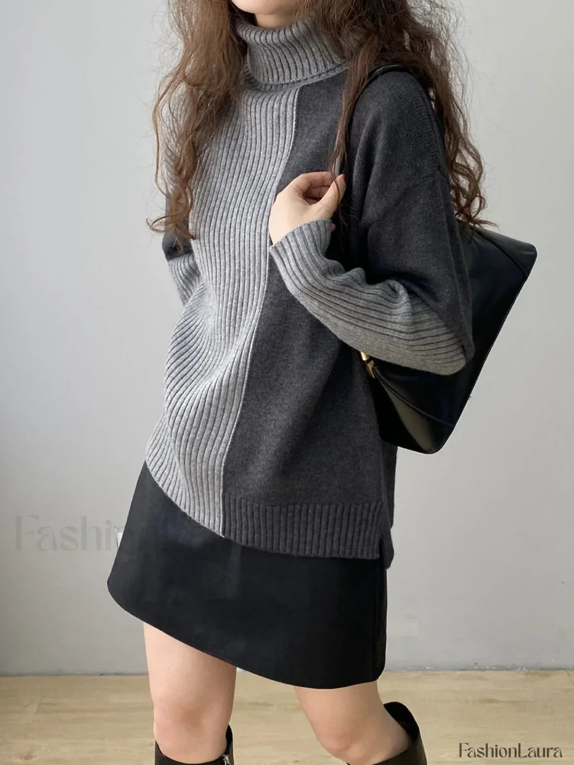 Two Tone Colorblock High Modern Neck Ribbed Knit Sweater