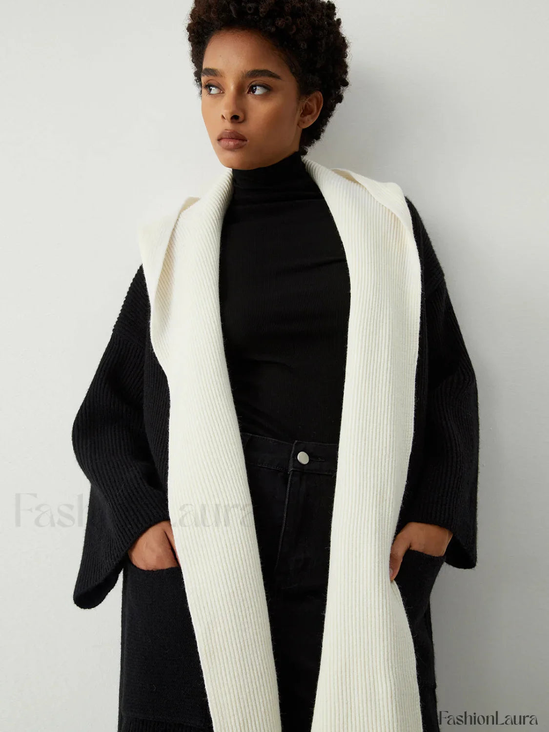Two Tone Hooded Trendy Belted Longline Cardigan