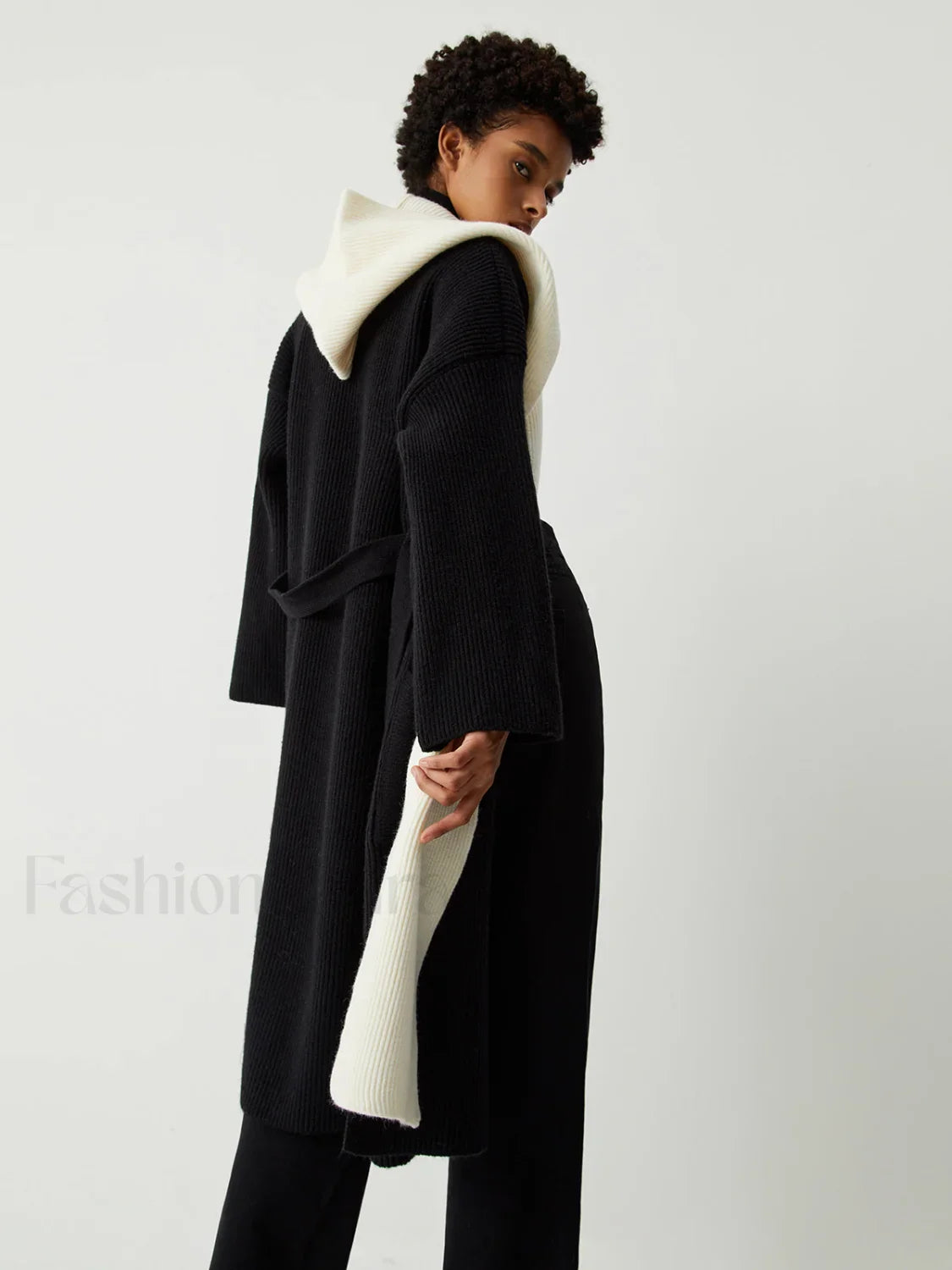 Two Tone Hooded Trendy Belted Longline Cardigan
