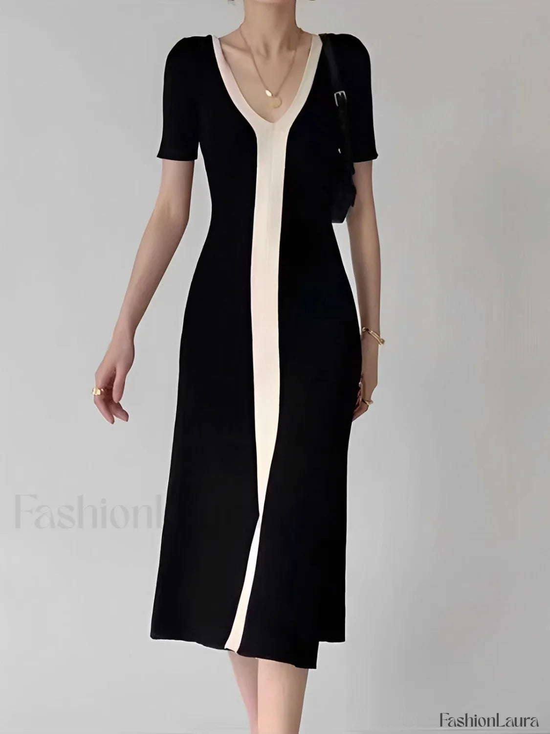 Two Tone V-Neck Knit Slit Midi Dress