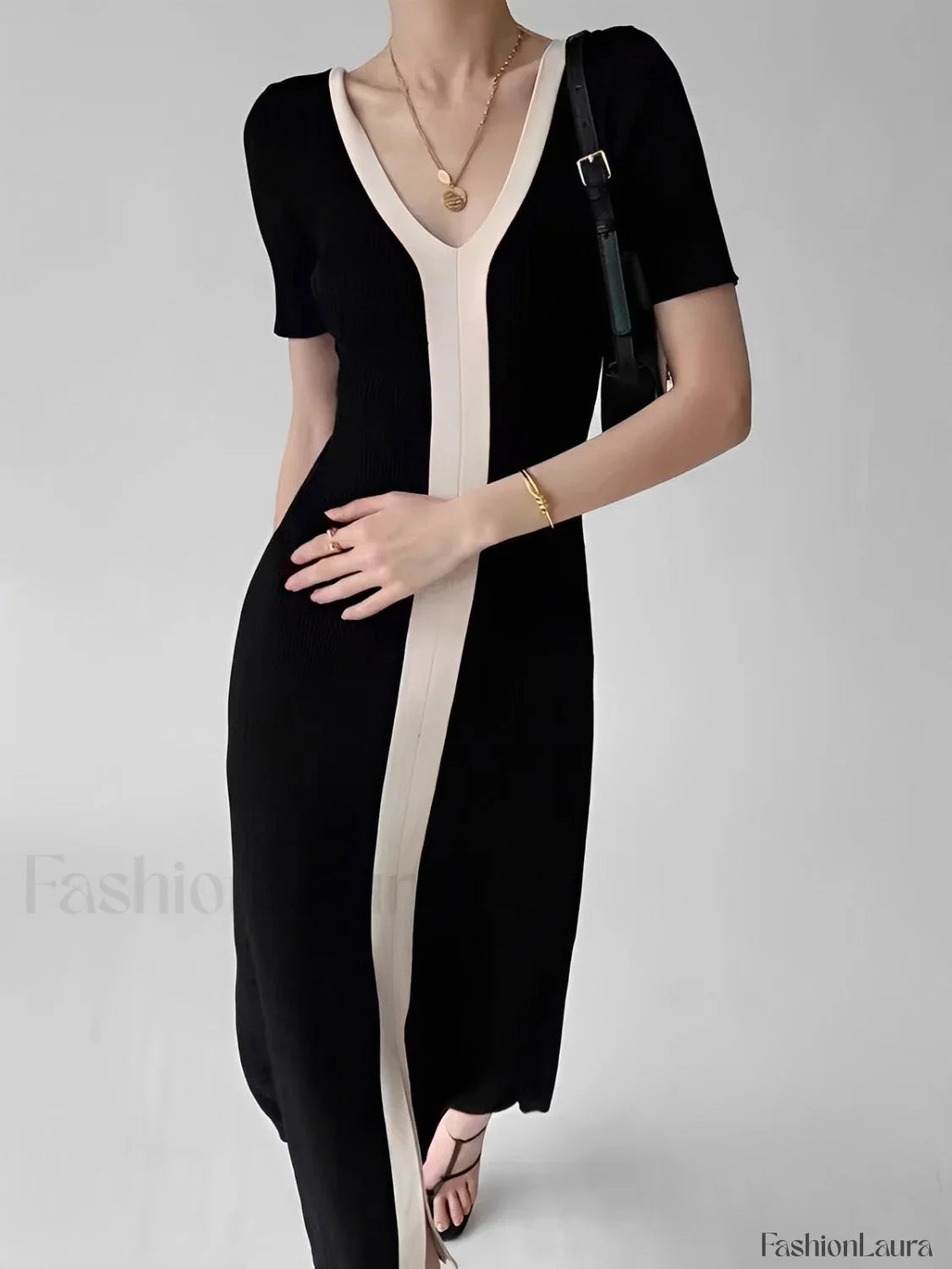 Two Tone V-Neck Knit Slit Midi Dress