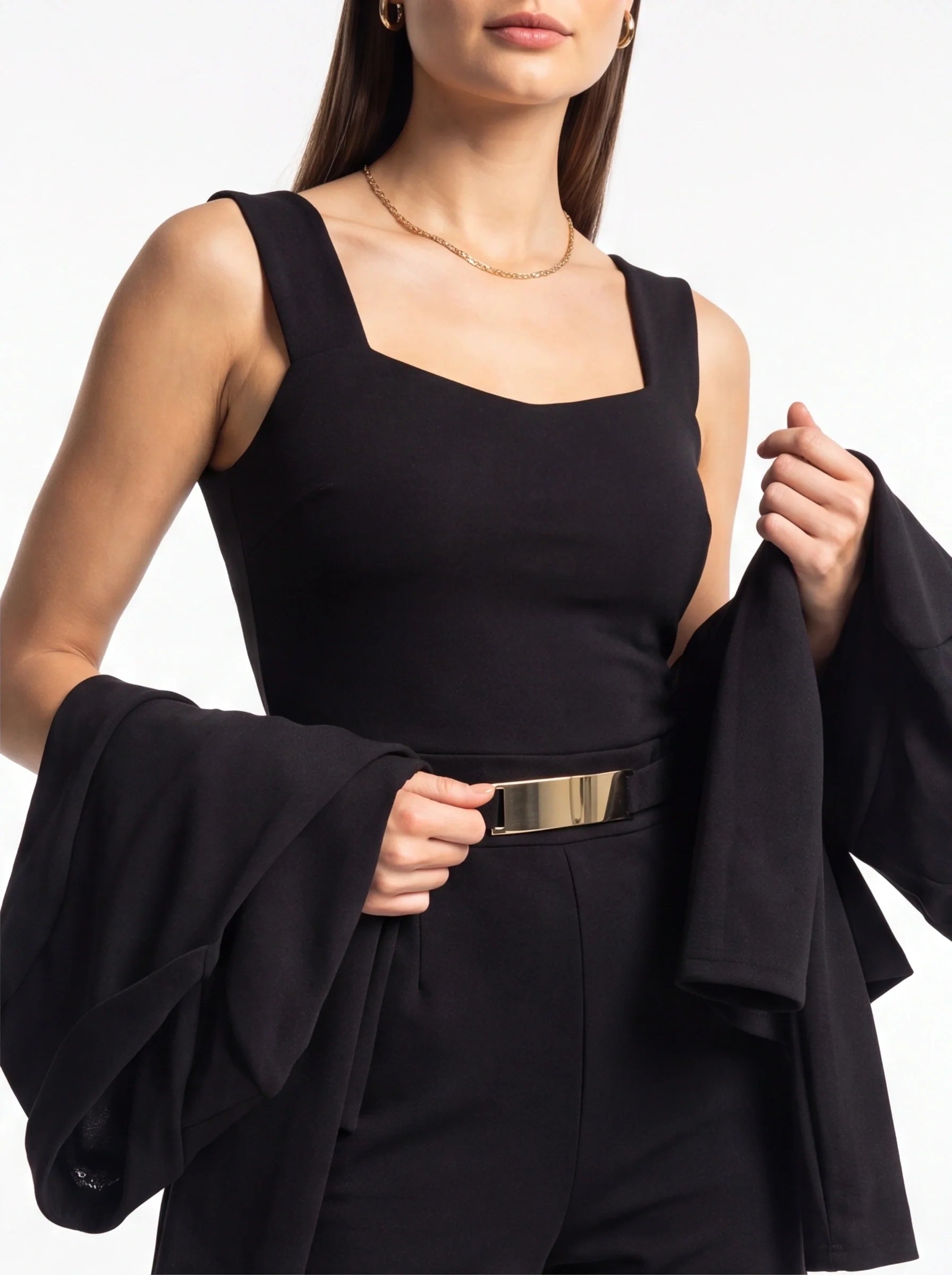 Women's Black Wide Leg Sleeveless Square Neck Jumpsuit with Pockets & Belt