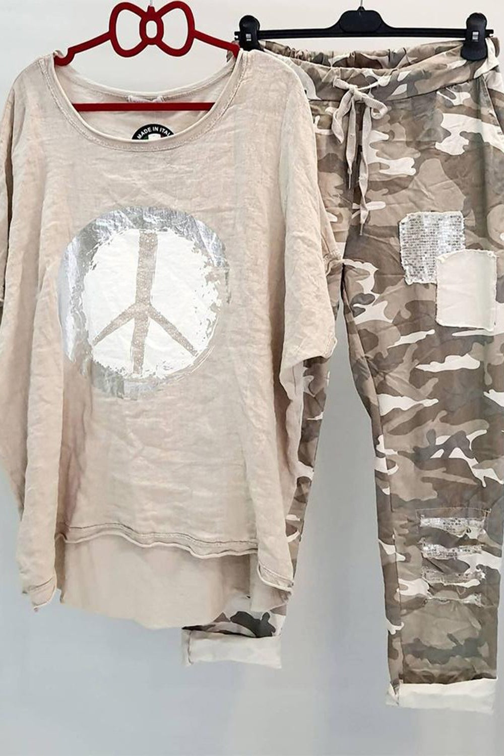 Peace Sign Print Top and Camo Pants Two Piece Set