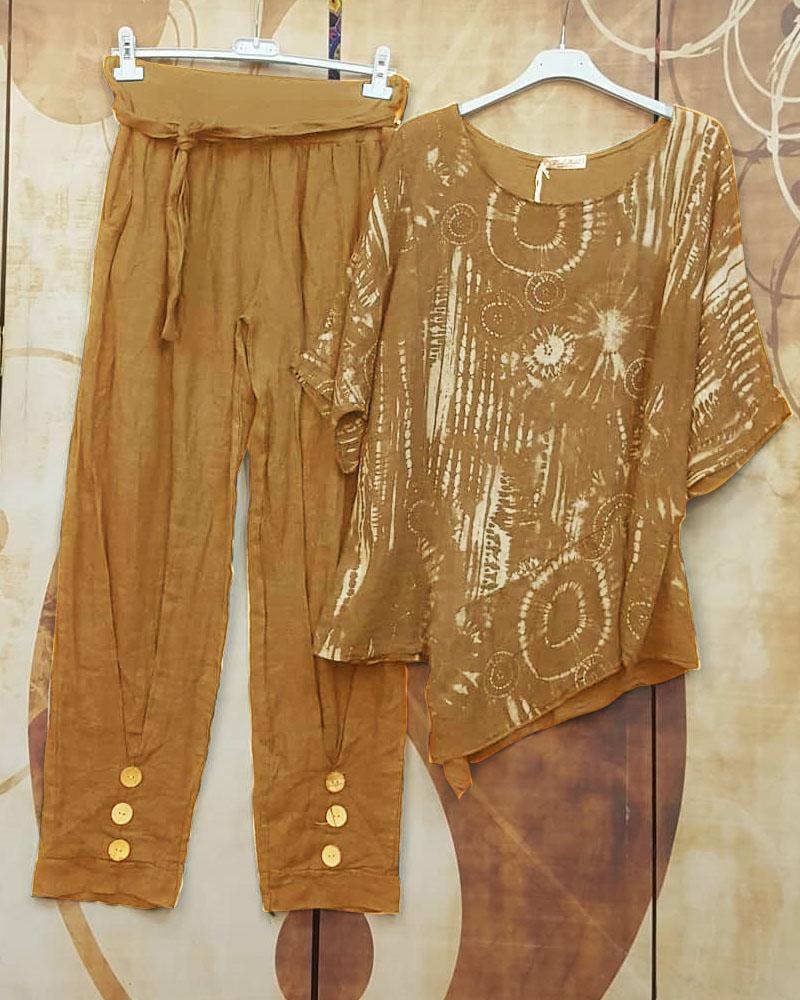 Tie Dye Batwing Top and Button Hem Pants Two Piece Set 3