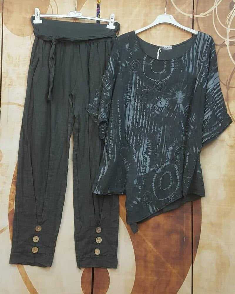 Tie Dye Batwing Top and Button Hem Pants Two Piece Set