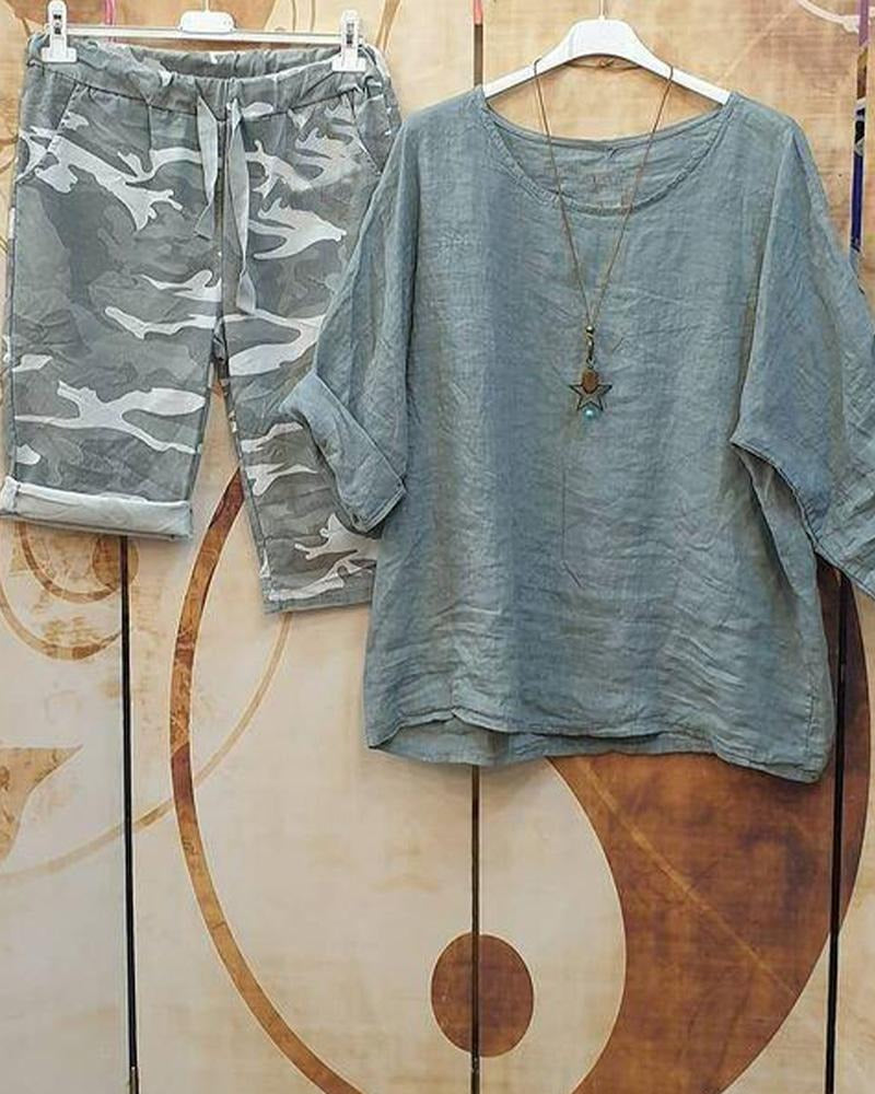 Round Neck Top and Camo Shorts Two Piece Set