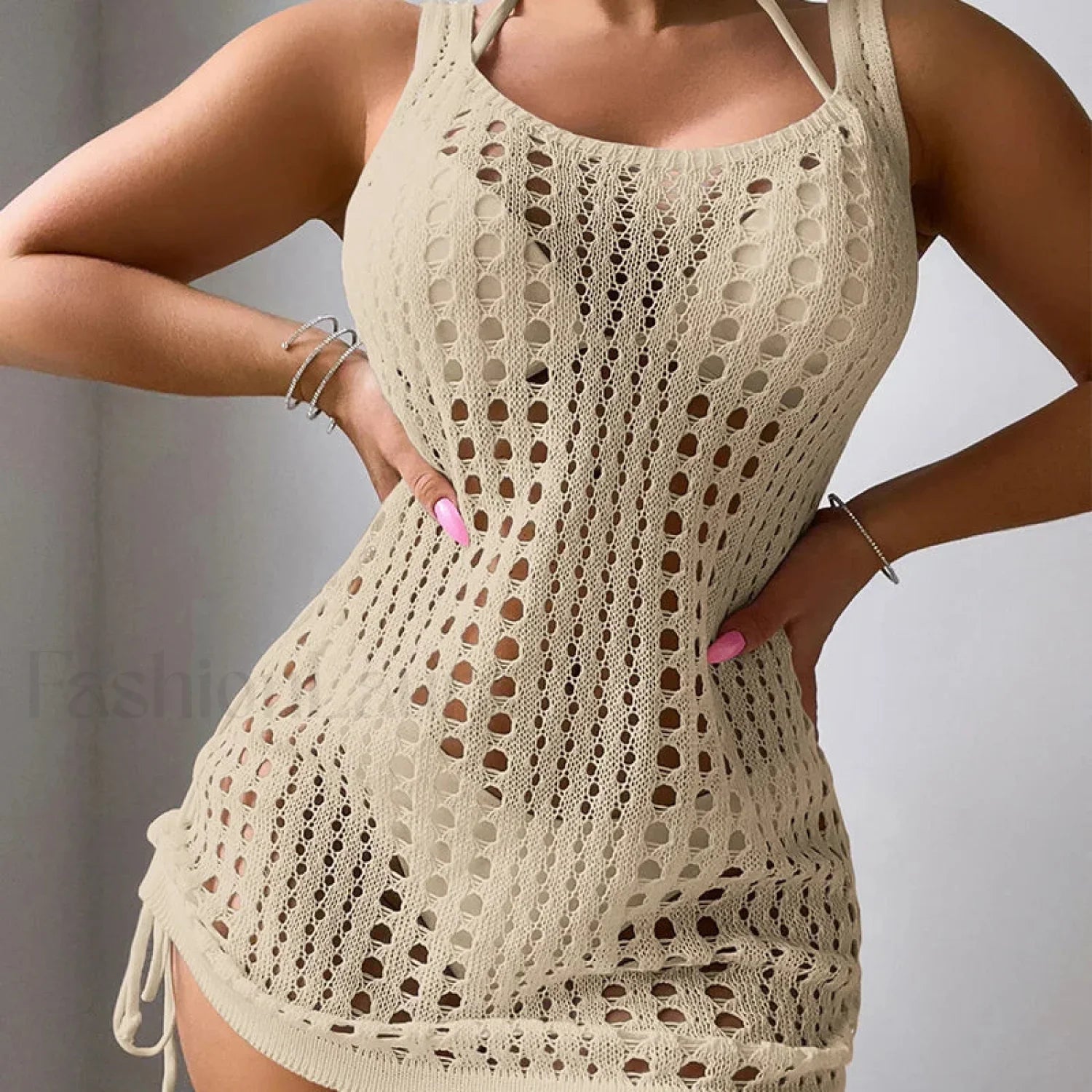 U Collar Rope Knit Bathing Cover Up APRICOT / S