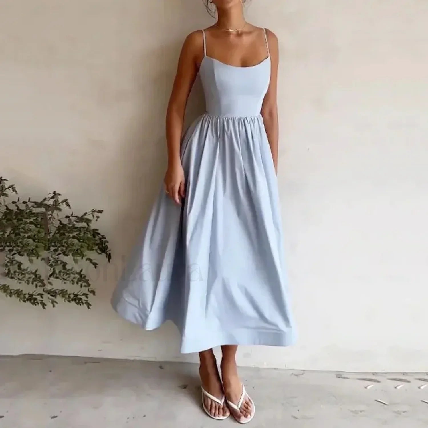 U-Neck Pleated Sundress Midi Dress