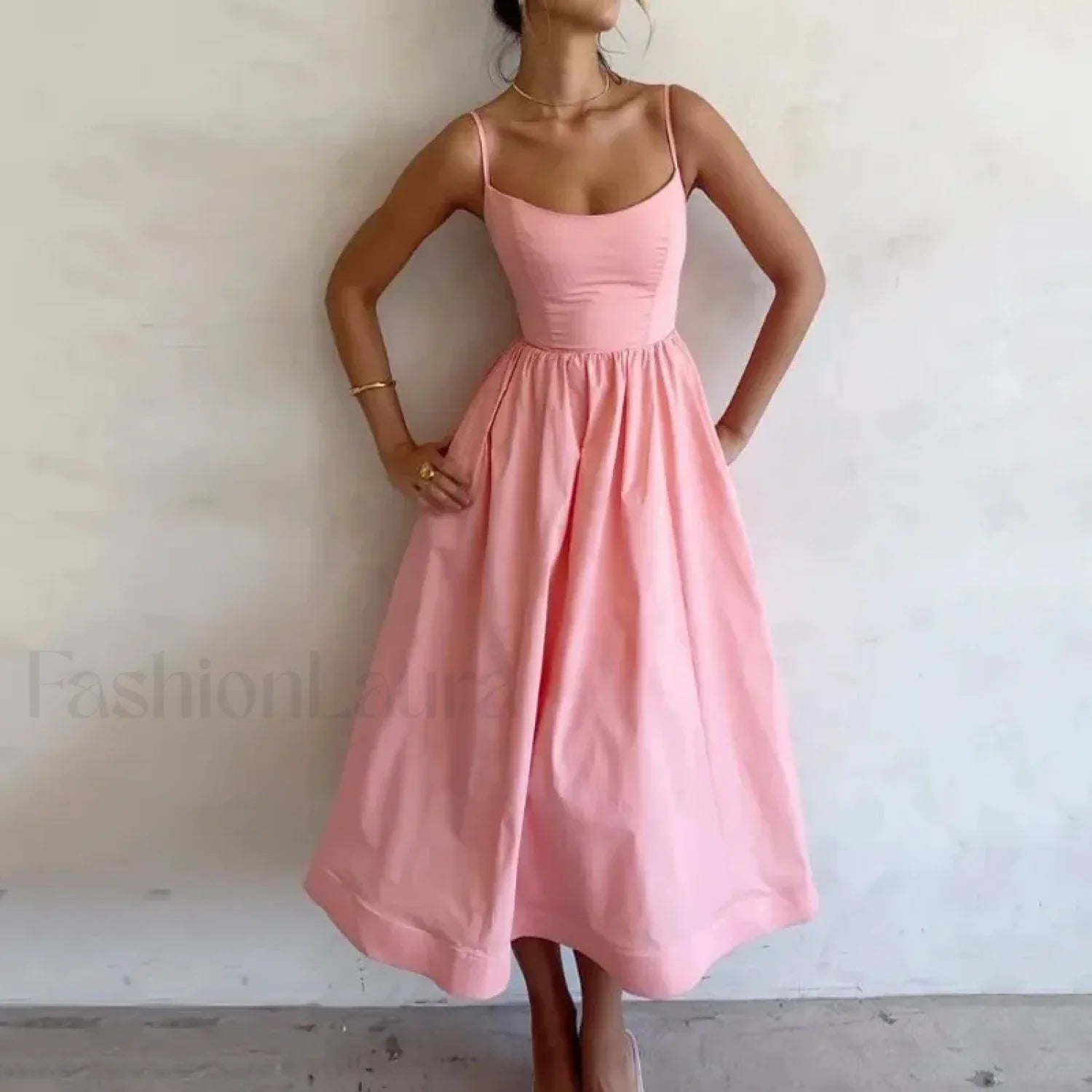 U-Neck Pleated Sundress Midi Dress