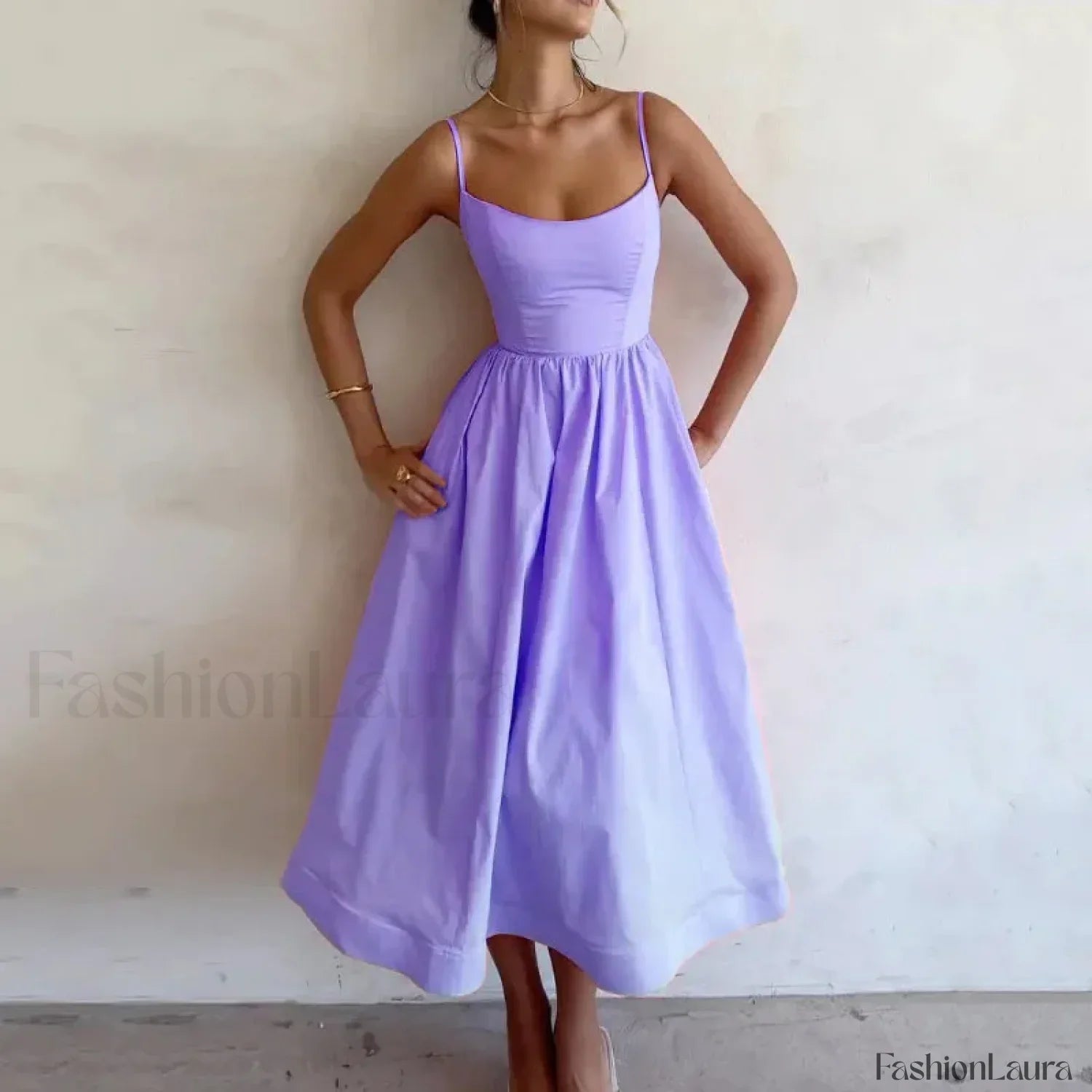 U-Neck Pleated Sundress Midi Dress