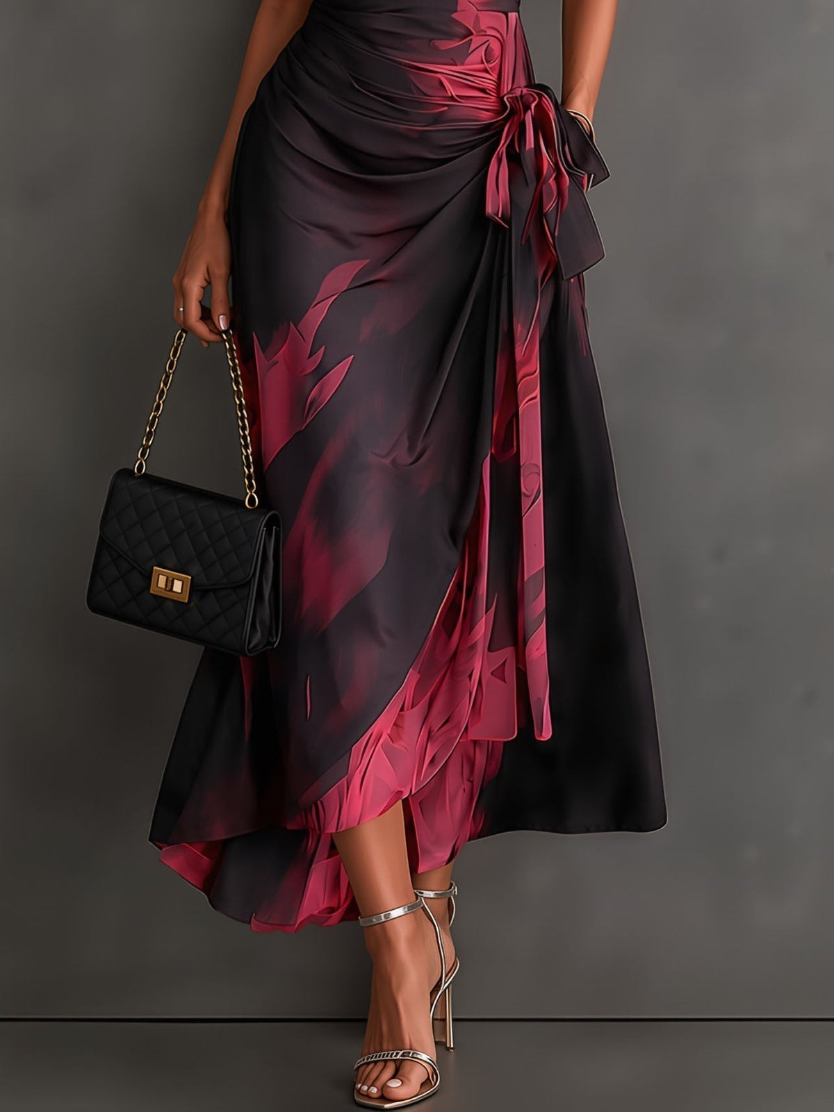 Abstract Print Collared Cap Sleeve Ruched Wrap Maxi Dress