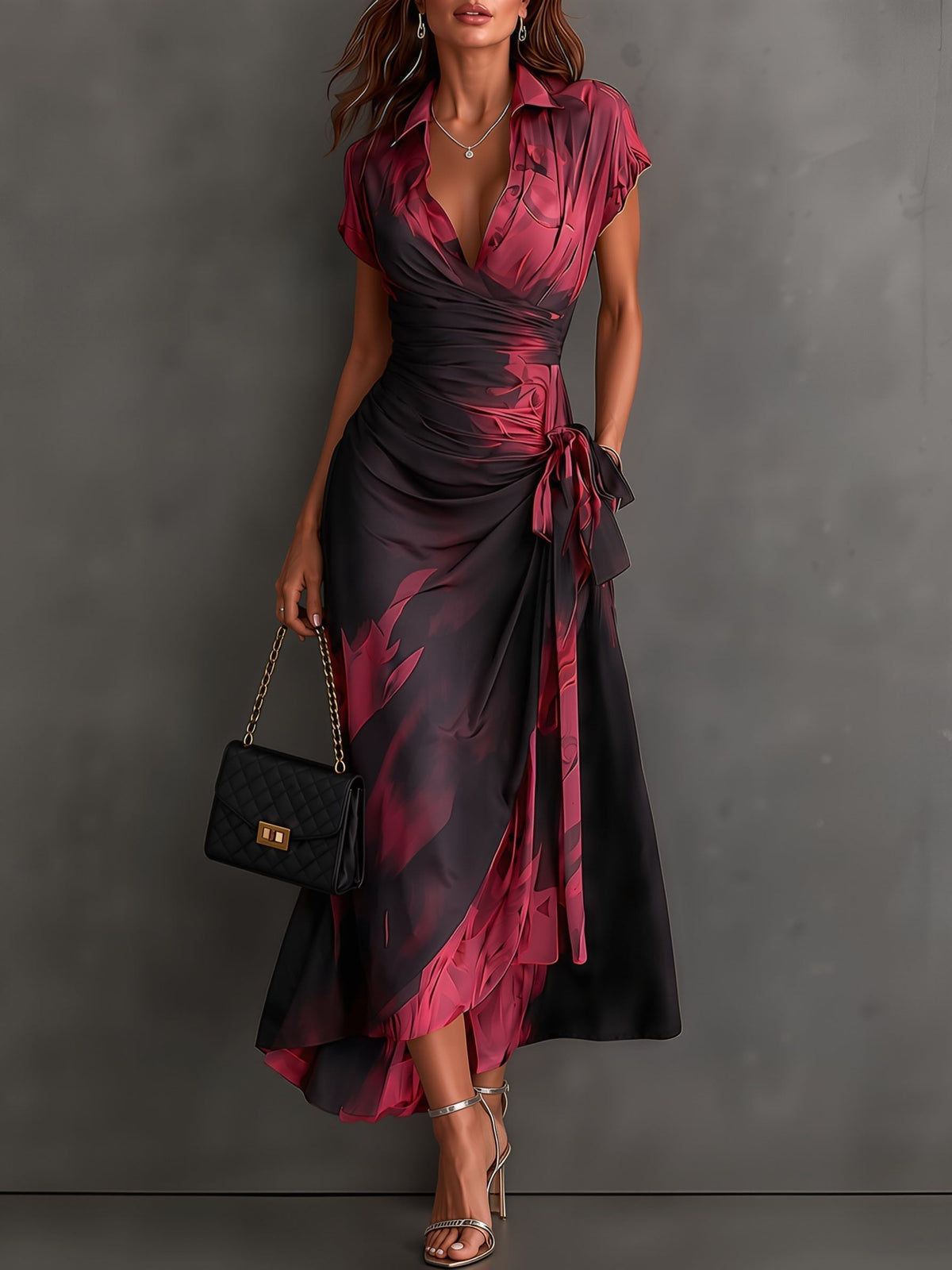 Abstract Print Collared Cap Sleeve Ruched Wrap Maxi Dress