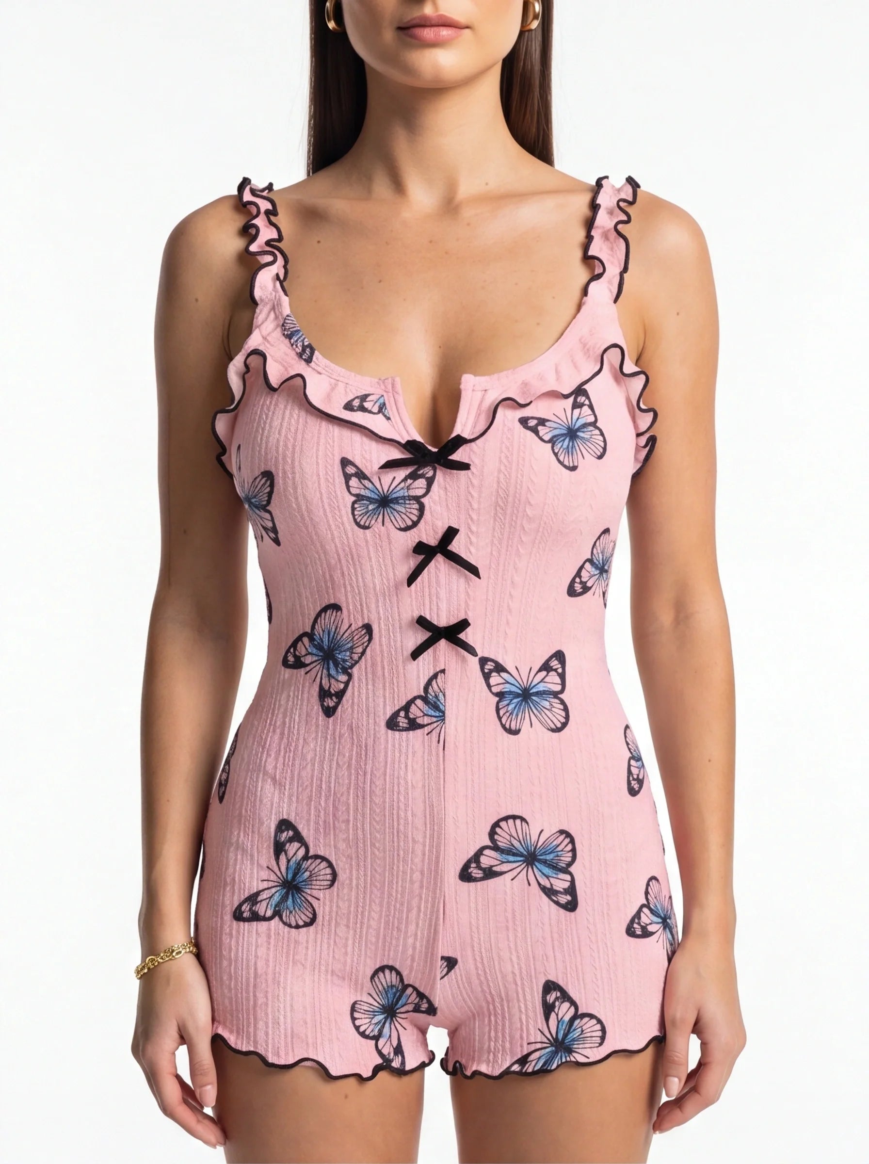 Elegant Butterfly Print Pajama Romper | Soft Jacquard & Adjustable Str