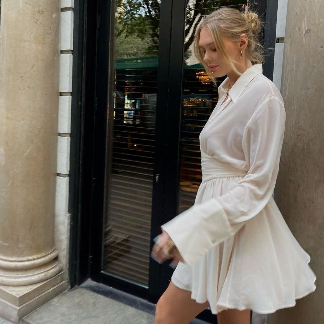 Deep V-Neck Shirt Collar Ruched Waist Bell Sleeve Mini Dress