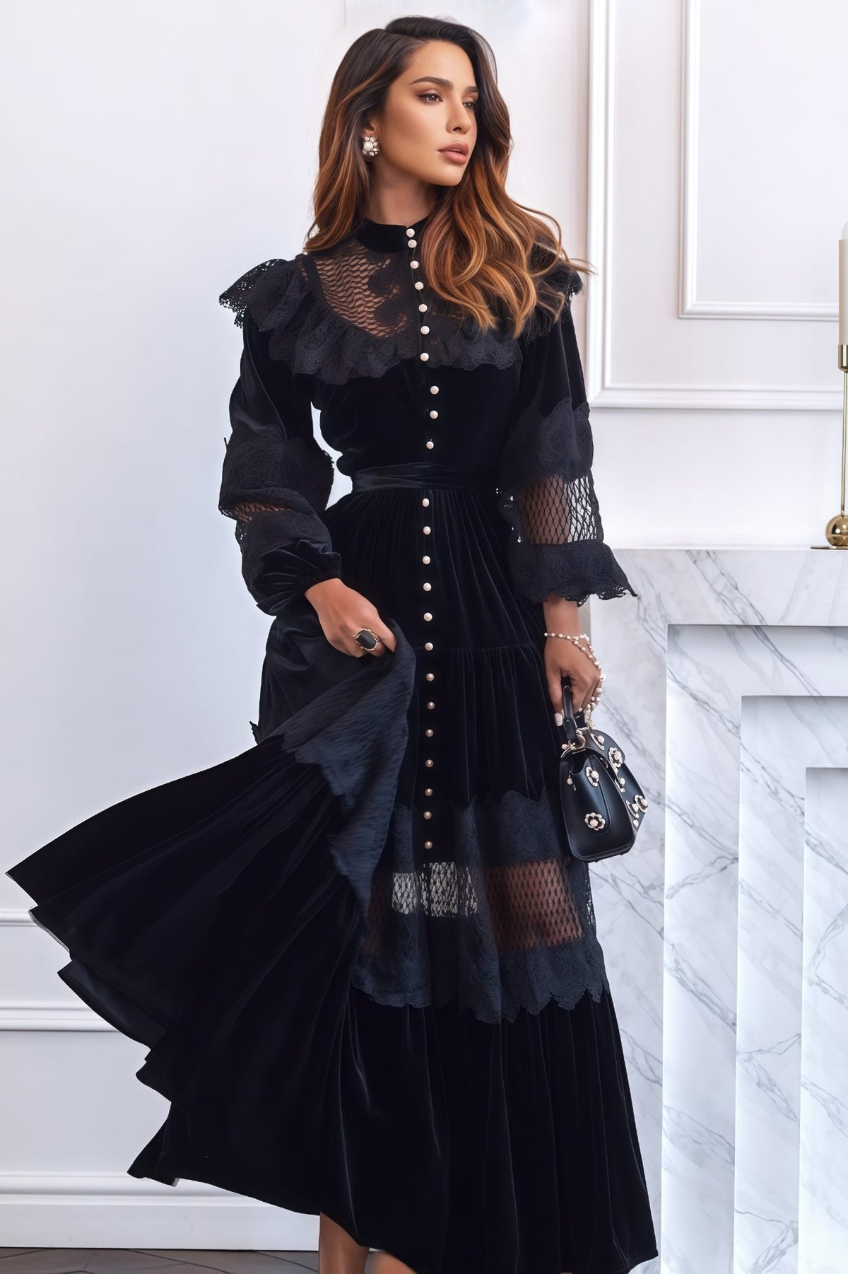 Velvet Lace Insert Ruffle Yoke Button Front Long Sleeve Tiered Maxi Dress 2