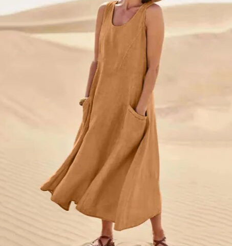 Scoop Neck Wide Strap Patch Pocket Diagonal Seam Relaxed A-Line Midi Dress