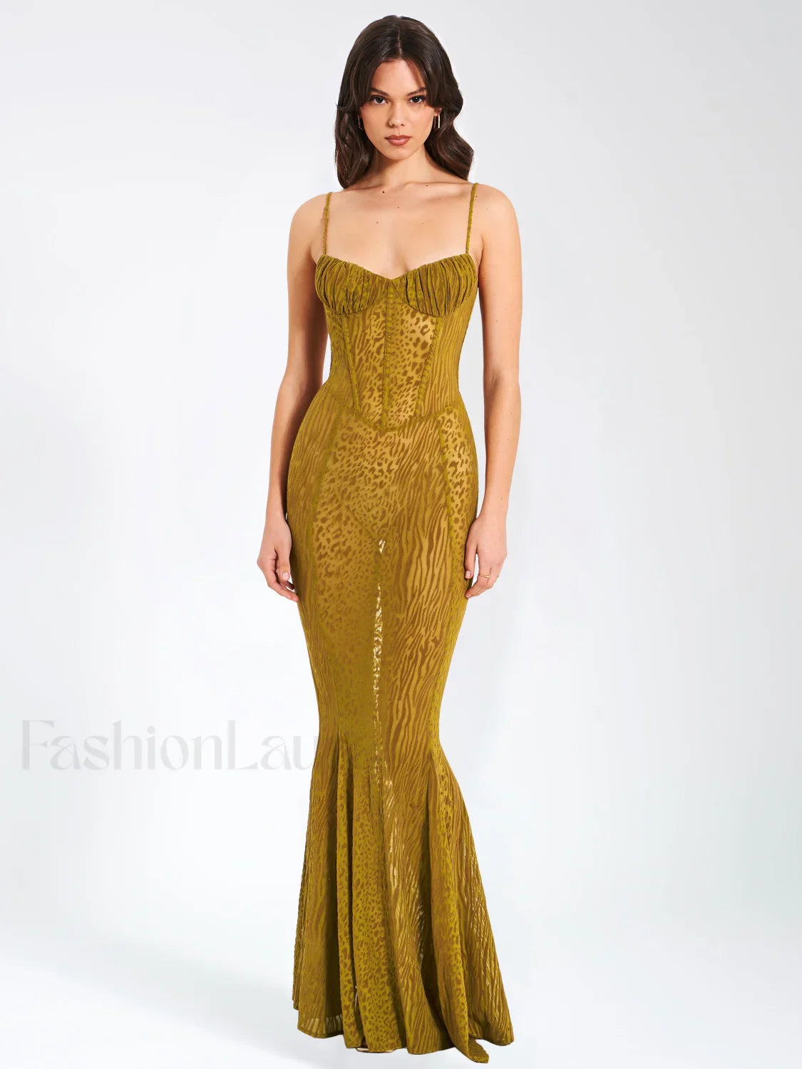 Ulani Gold Burnout Velvet Graceful Detail Mesh Maxi Dress