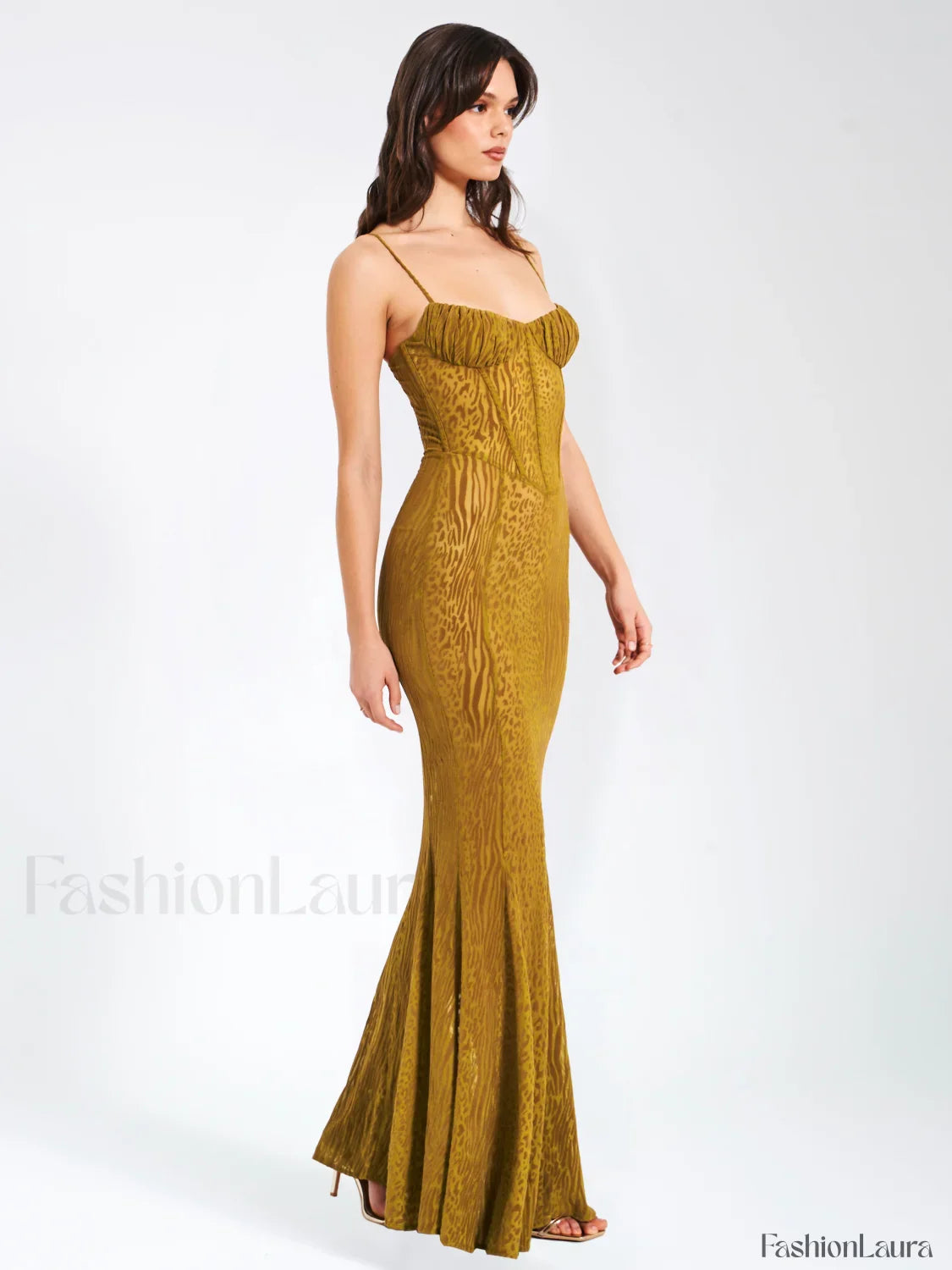 Ulani Gold Burnout Velvet Graceful Detail Mesh Maxi Dress