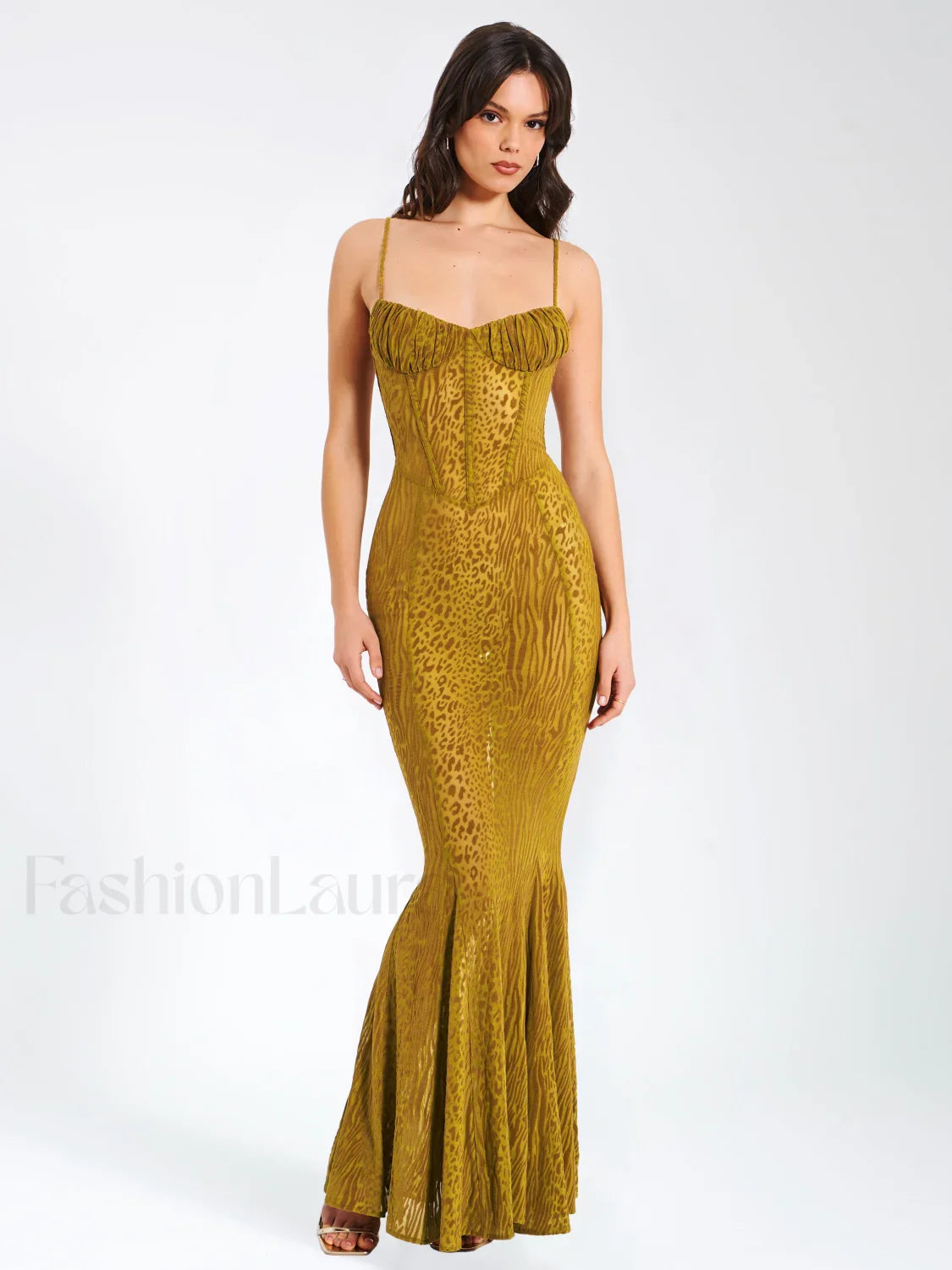 Ulani Gold Burnout Velvet Graceful Detail Mesh Maxi Dress