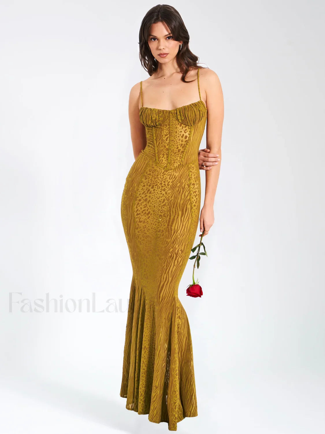 Ulani Gold Burnout Velvet Graceful Detail Mesh Maxi Dress